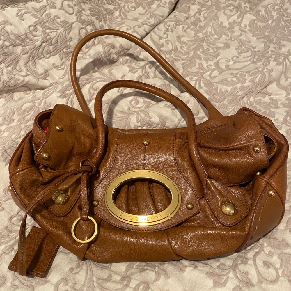 Dolce & Gabbana Cognac Brown Leather Shoulder Bag with Gold Hardware
